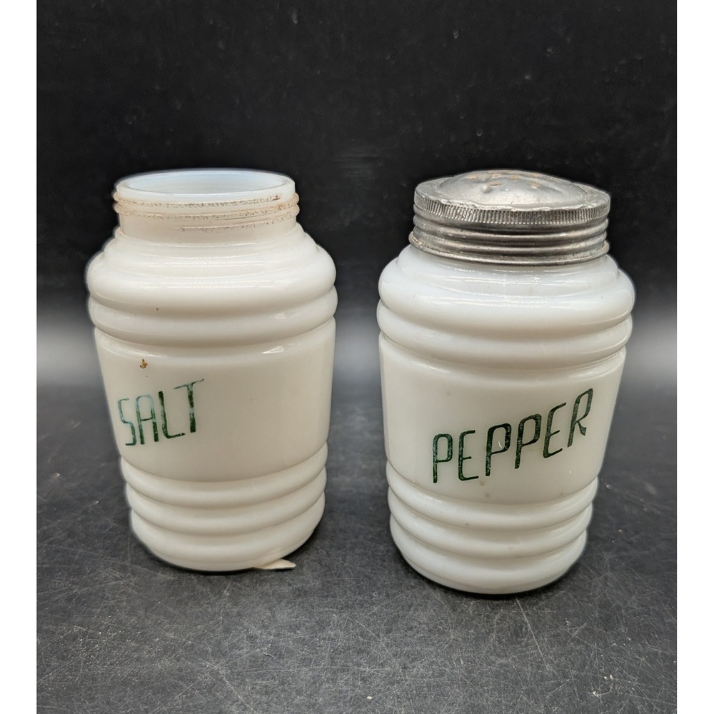 Vintage Milk Glass Salt and Pepper Shakers Ribbed Beehive Green Lettering White